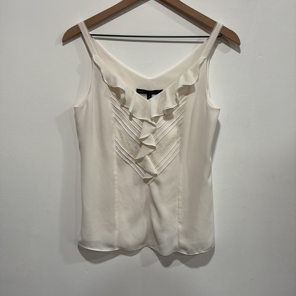 White House Black Market Cream Ruffle Top, ivory. Puffy pirate tank top.